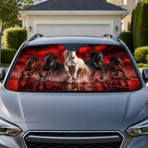 Galloping Five Horses In Crimson Storm Water For Western Equestrian Ranch Lovers Car Sunshade