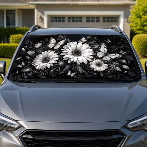 Black White Butterfly Flowers Gothic Botanical Decor For Moody Elegant Aesthetic Car Sunshade