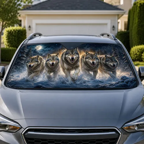 Running Gray Wolves In Moonlit Snow For Wilderness Adventure Decor And Wildlife Fans Car Sunshade