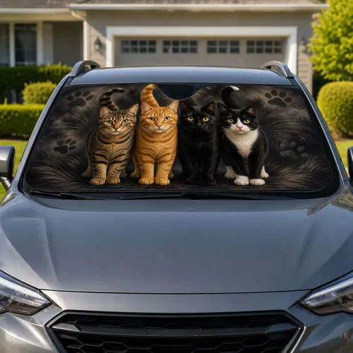 Four Realistic Cats On Charcoal Gray For Feline Lovers And Pet Parent Daily Style Car Sunshade