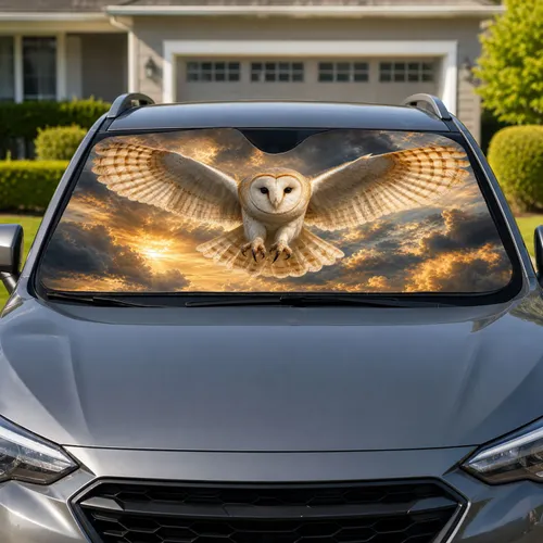 Majestic Barn Owl In Flight Stormy Golden Sky Wildlife Decor For Bird Lovers Nature Fans Car Sunshade