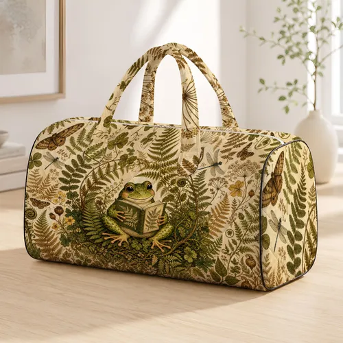 Vintage Frog Reading Fern Field Guide For Cottagecore Nature Lovers And Botanists Quilted Weekend Bag