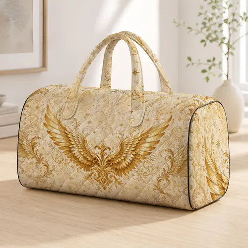 Gilded Angel Wings On Antique Ivory For Elegant Holiday Travel And Vintage Style Quilted Weekend Bag