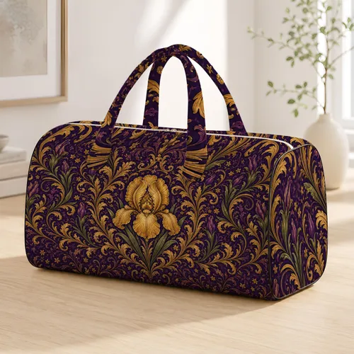 Golden Iris Baroque Scrollwork On Aubergine For Autumn Holiday Travel Style For Her Quilted Weekend Bag