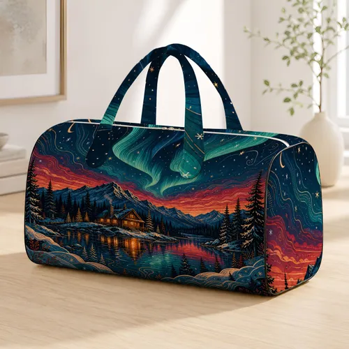 Nordic Aurora Cabin Lake Wilderness Scene For Cozy Winter Travel And Holiday Gifting Quilted Weekend Bag