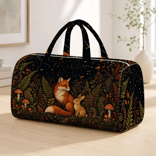 Halloween Fox And Rabbit Moonlit Forest Folk Art For Autumn Travel Nature Lovers Quilted Weekend Bag