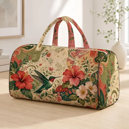 Retro Hummingbird Floral Garden With Hibiscus For Overnight Travel And Boho Women Quilted Weekend Bag