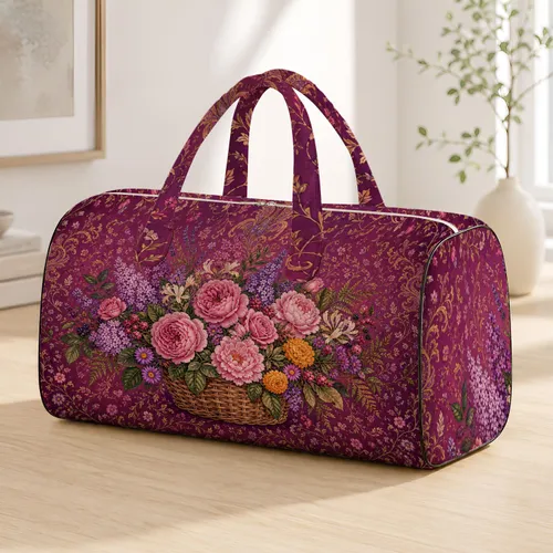 Vintage Rose Lavender Basket Botanical Floral Travel Gift For Romantic Garden Lovers Quilted Weekend Bag