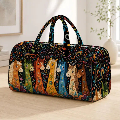 Long Neck Pony Parade Rainbow Folk Art Holiday Travel Gift For Whimsical Animal Fans Quilted Weekend Bag