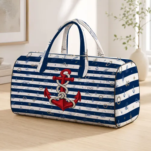 Navy Sailor Stripes With Red Anchor And Rope For Coastal Vacation And Sailing Lovers Quilted Weekend Bag