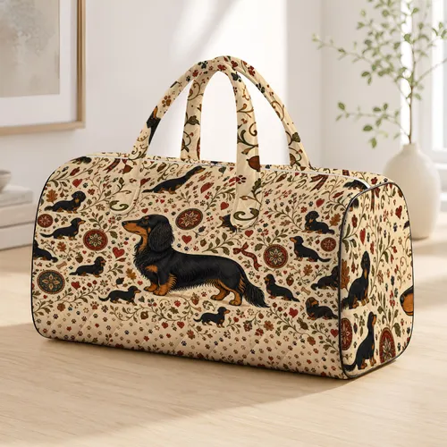 Long Haired Dachshund Hearts And Folk Florals Holiday Travel Style Gift For Dog Moms Quilted Weekend Bag