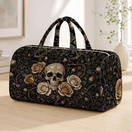 Gothic Skull And Ivory Roses Dark Romantic Halloween Victorian Travel Style For Women Quilted Weekend Bag
