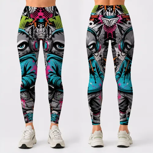 Masked Street Creature Graffiti Collage For Yoga Studio Workouts And Urban Athleisure Leggings