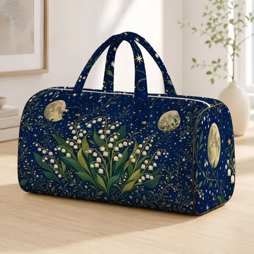 Cobalt Celestial Lily Of The Valley Moon Floral Night Sky Travel Style For Women Quilted Weekend Bag