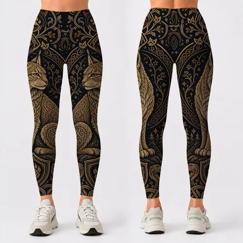 Norse Lynx Guardian With Gold Knotwork For Viking Streetwear And Festival Style Leggings