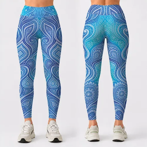 Aquatic Abstract White Line Art In Blue Aqua Boho Style For Yoga Studio Fitness Looks Leggings