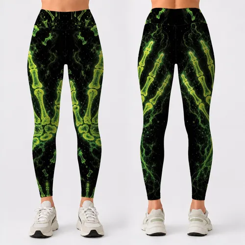 Neon Green Skeleton Hand X Ray Bones For Halloween Gym And Gothic Street Style Look Leggings