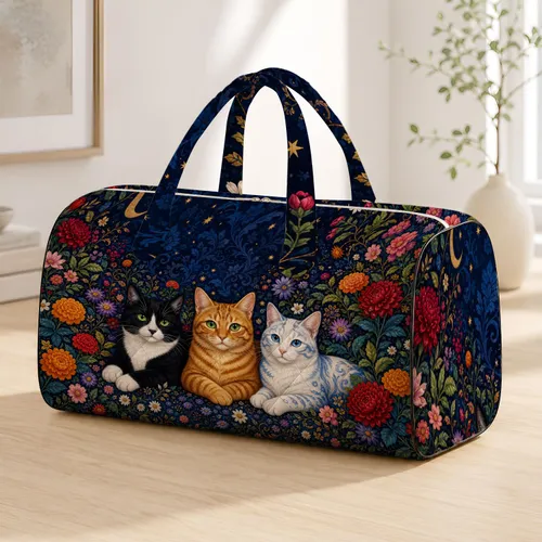 Tuxedo Ginger White Cats In Indigo Botanical Night Garden For Cozy Pet Lovers Style Quilted Weekend Bag