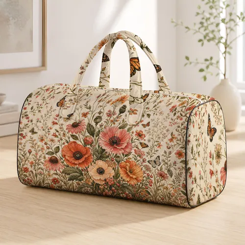 Coral Wildflower Meadow With Butterflies For Cottagecore Getaways And Nature Lovers Quilted Weekend Bag