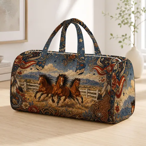 Galloping Chestnut Horses Western Prairie Americana Ranch Travel Style For Cowgirls Quilted Weekend Bag