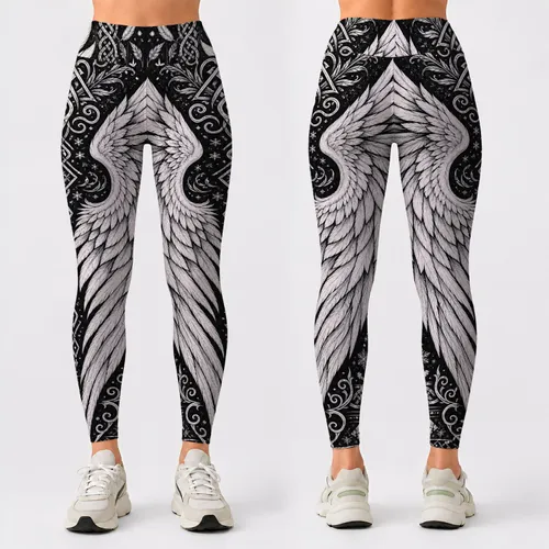 Monochrome Angel Wings With Celtic Knotwork For Gothic Winter Festival Outfit Looks Leggings