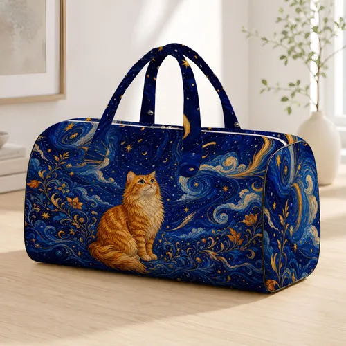 Whimsical Ginger Cat Under Celestial Sky For Overnight Travel And Cat Lover Getaways Quilted Weekend Bag