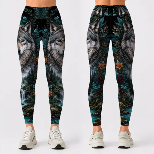 Majestic Gray Wolf With Teal Forest Florals For Yoga Festival Streetwear Women Fans Leggings