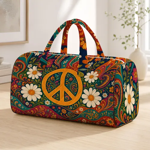Peace Sign Daisies Retro Paisley Floral Boho Road Trip Style For Free Spirit Women Quilted Weekend Bag