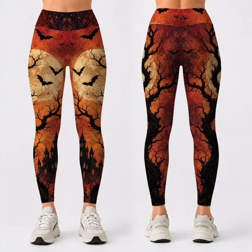 Crooked Haunted Tree With Bats, Full Moon, And Gothic Mansion For Halloween Nights Leggings