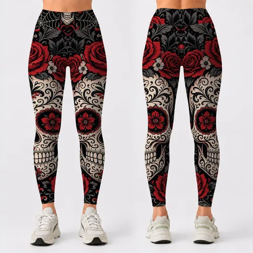 Gothic Sugar Skull With Red Roses For Halloween Yoga Workouts And Festival Style Leggings