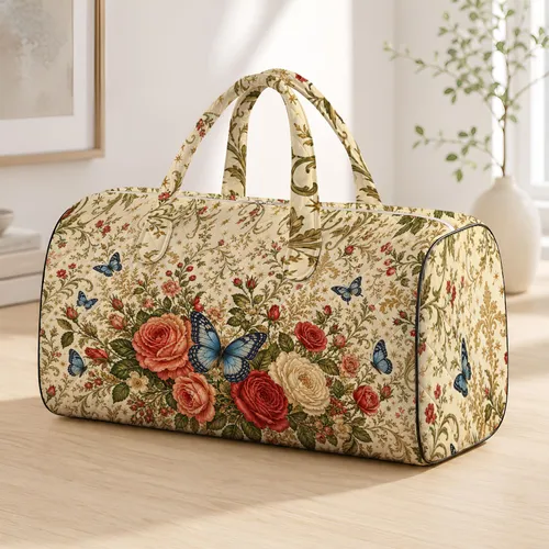 Vintage Christmas Roses And Blue Butterflies For Holiday Travel And Flower Lovers Quilted Weekend Bag