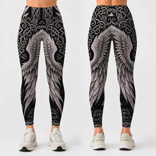 Gothic Angel Wings With Nordic Knotwork For Winter Festival And Dark Yoga Style Look Leggings