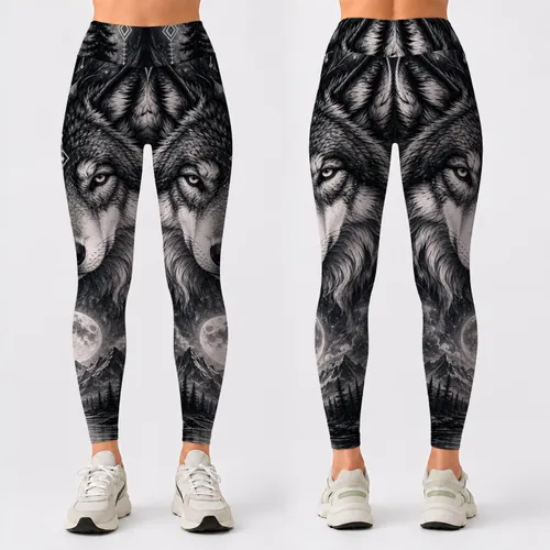 Monochrome Wolf Head Moonlit Forest Mountain Wilderness Yoga Festival Gift For Women Leggings