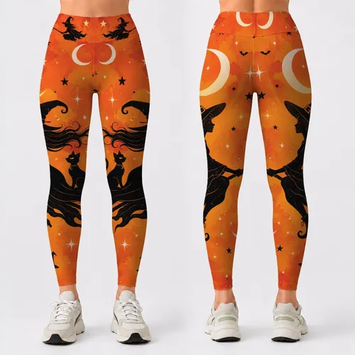 Whimsical Witch And Black Cat On Orange Halloween Party Spooky Cute Women's Style Leggings