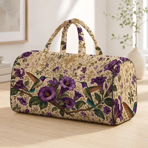 Hummingbirds With Purple Trumpet Flowers Vintage Botanical Travel Style For Women Quilted Weekend Bag