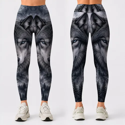 Gray Wolf Head With Icy Blue Eyes For Nocturnal Winter Forest Gothic Wilderness Lovers Leggings