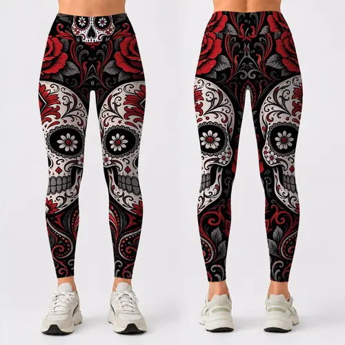 Gothic Halloween Sugar Skull With Red Roses For Yoga Fitness And Festival Style Look Leggings