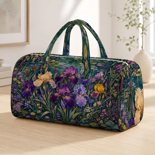 Lush Iris Pond Garden With Violet Blooms And Teal Water For Elegant Nature Getaways Quilted Weekend Bag