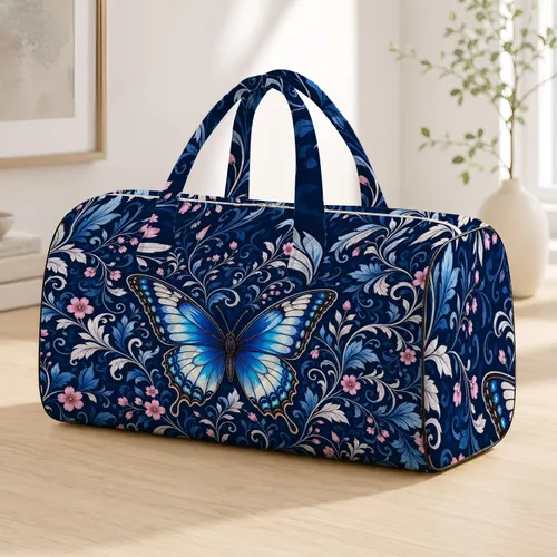 Blue Butterfly Floral Vines On Midnight Navy For Getaways And Elegant Nature Lovers Quilted Weekend Bag