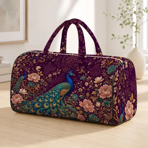 Blue Peacock With Plum Peonies And Gold Vines For Elegant Travel Style Women Gifts Quilted Weekend Bag