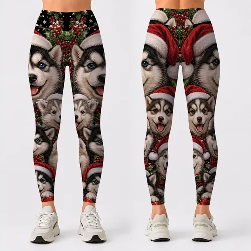Christmas Husky Puppy Collage With Santa Hats For Holiday Fitness And Winter Fun Leggings