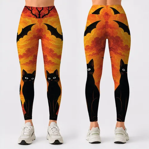 Black Cats And Bats In Orange Halloween Night Sky For Gothic Autumn Outfits Party Leggings