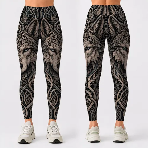 Nordic Spirit Wolf Tribal Knotwork For Viking Boho Festivals And Outdoor Travel Style Leggings