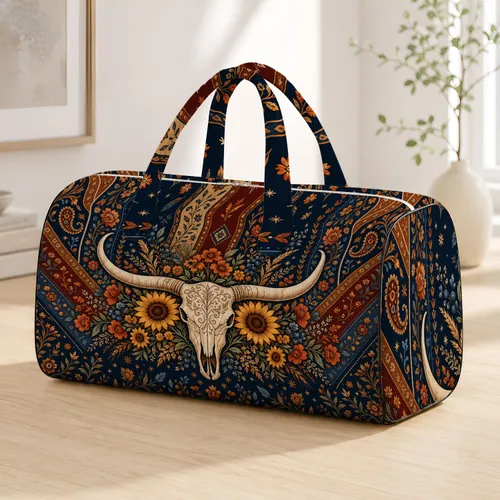 Western Longhorn Skull With Sunflowers Navy Autumn Patchwork Rustic Cowgirl Getaway Quilted Weekend Bag
