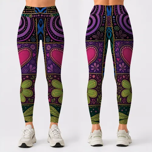 Boho Patchwork Mosaic With Hearts Dragonfly Spirals For Retro Festival Yoga Lovers Leggings