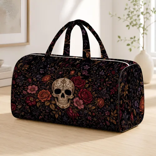 Ivory Sugar Skull With Dark Roses Gothic Floral Halloween Travel Style For Women Quilted Weekend Bag