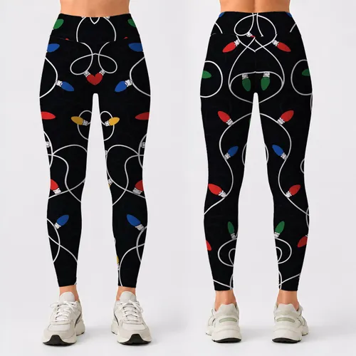 Festive Christmas String Lights On Black Holiday Party Novelty Style For Plus Women Leggings