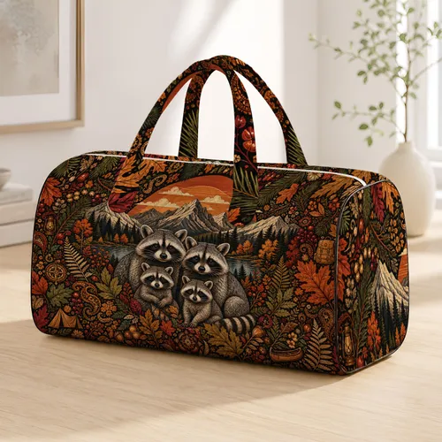 Boho Autumn Raccoon Family Alpine Forest Sunset For Fall Travel And Camping Lovers Quilted Weekend Bag