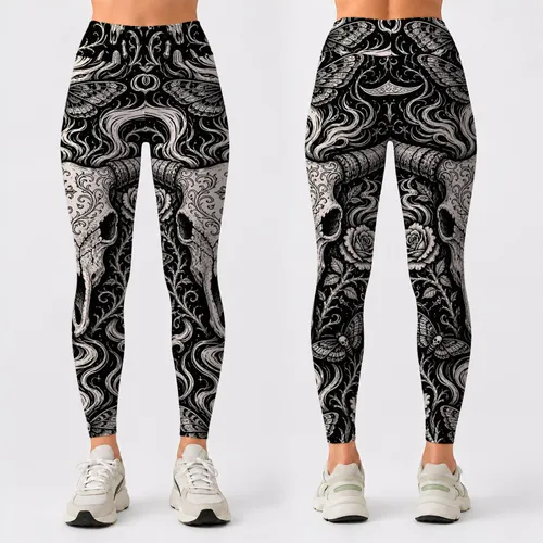 Gothic Western Desert Skull With Moths And Roses For Rodeo Nights And Alt Style Fans Leggings