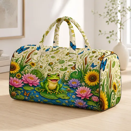 Cheerful Frog Lily Pads Sunflowers Butterflies For Summer Travel And Garden Lovers Quilted Weekend Bag